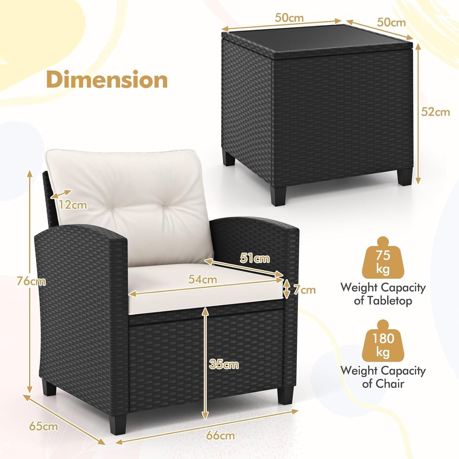 3PC Rattan Garden Bistro Set Chairs Table Cushions Outdoor Patio Lounge