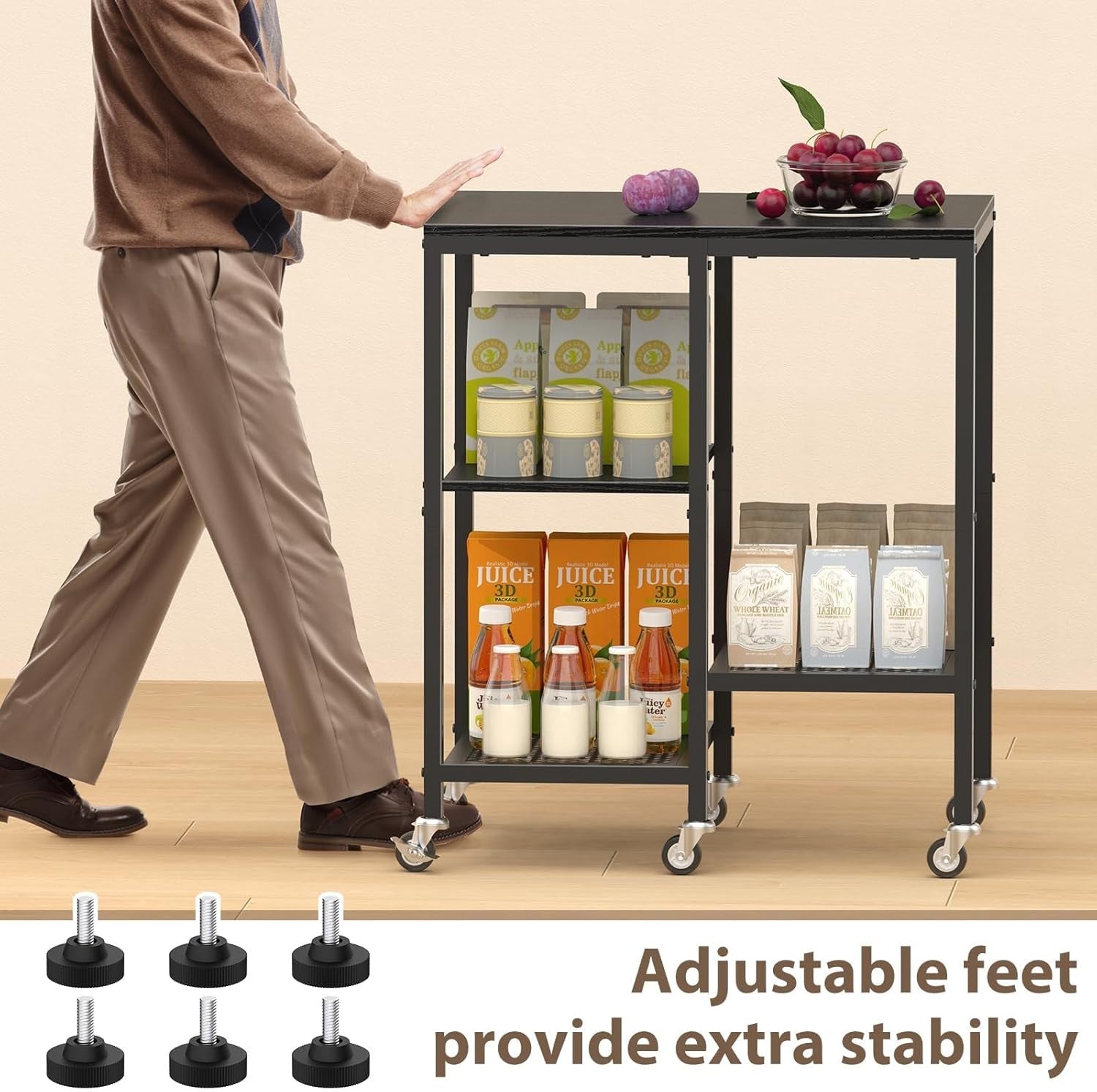 4 Tier Kitchen Storage Rack on Wheels Coffee Bar Baker’s Trolley Black