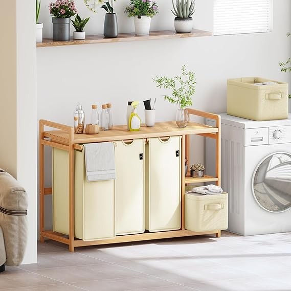 190L Bamboo Laundry Sorter with 3 Hampers, 2 Drawers & Shelf – Beige Storage