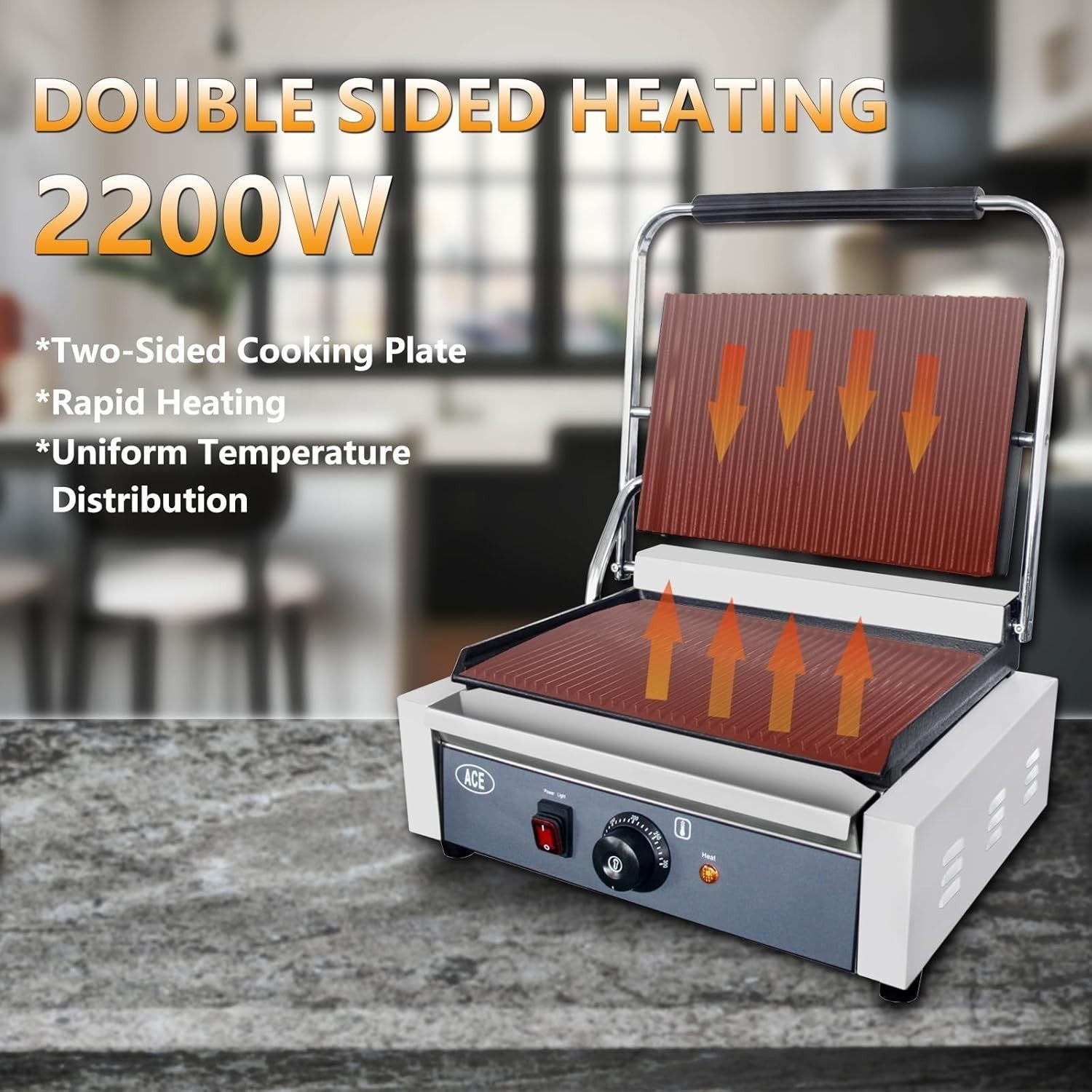 Commercial Panini Press 2200W 34x22cm Ribbed Grill Blue