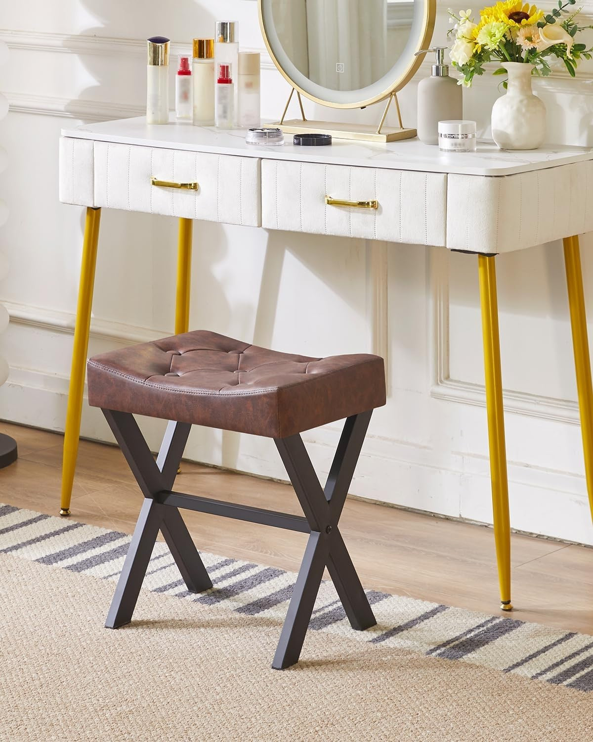 Dark Brown PU U-Shaped Vanity Stool with X-Legs – Modern Makeup Ottoman