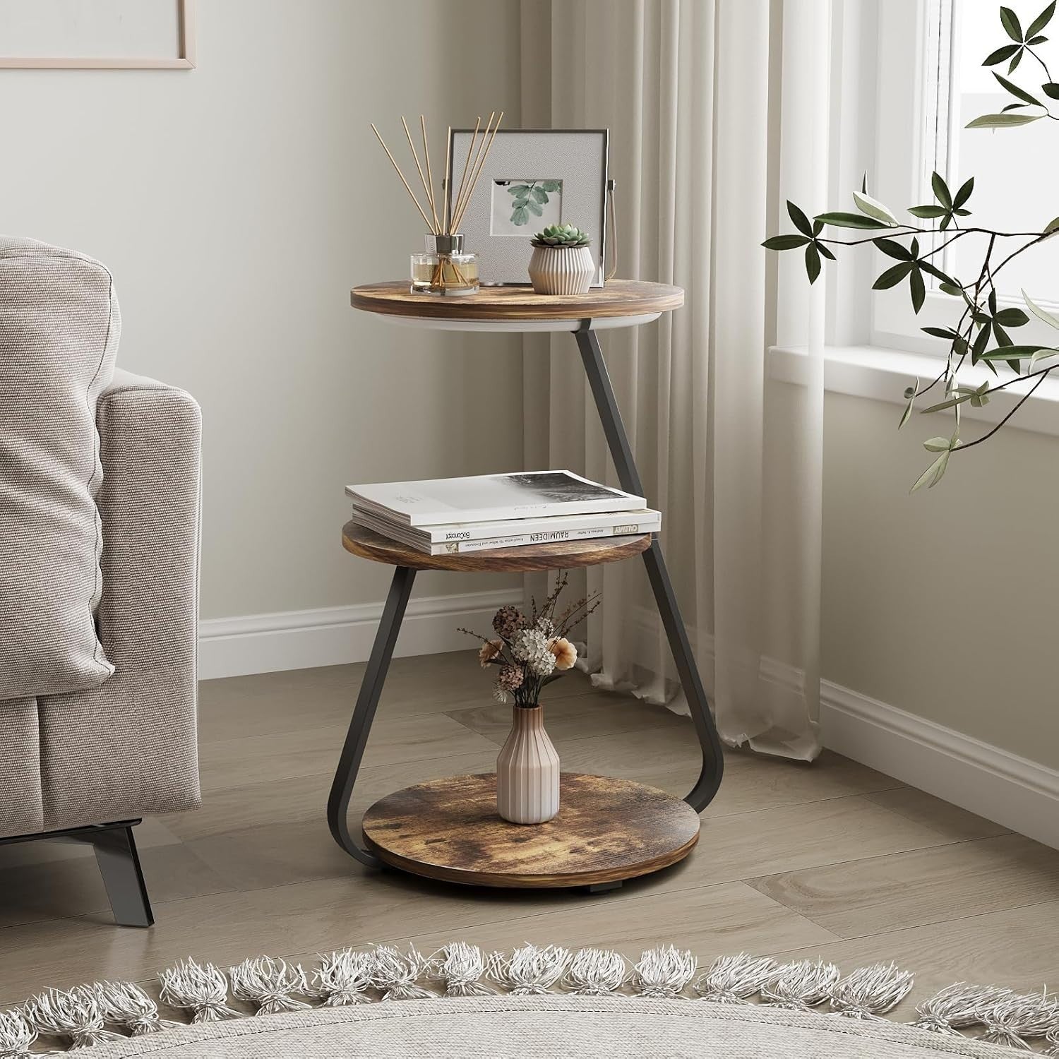 Set of 2 LED Side Tables with Storage – 3 Tier Round Bedside Nightstands