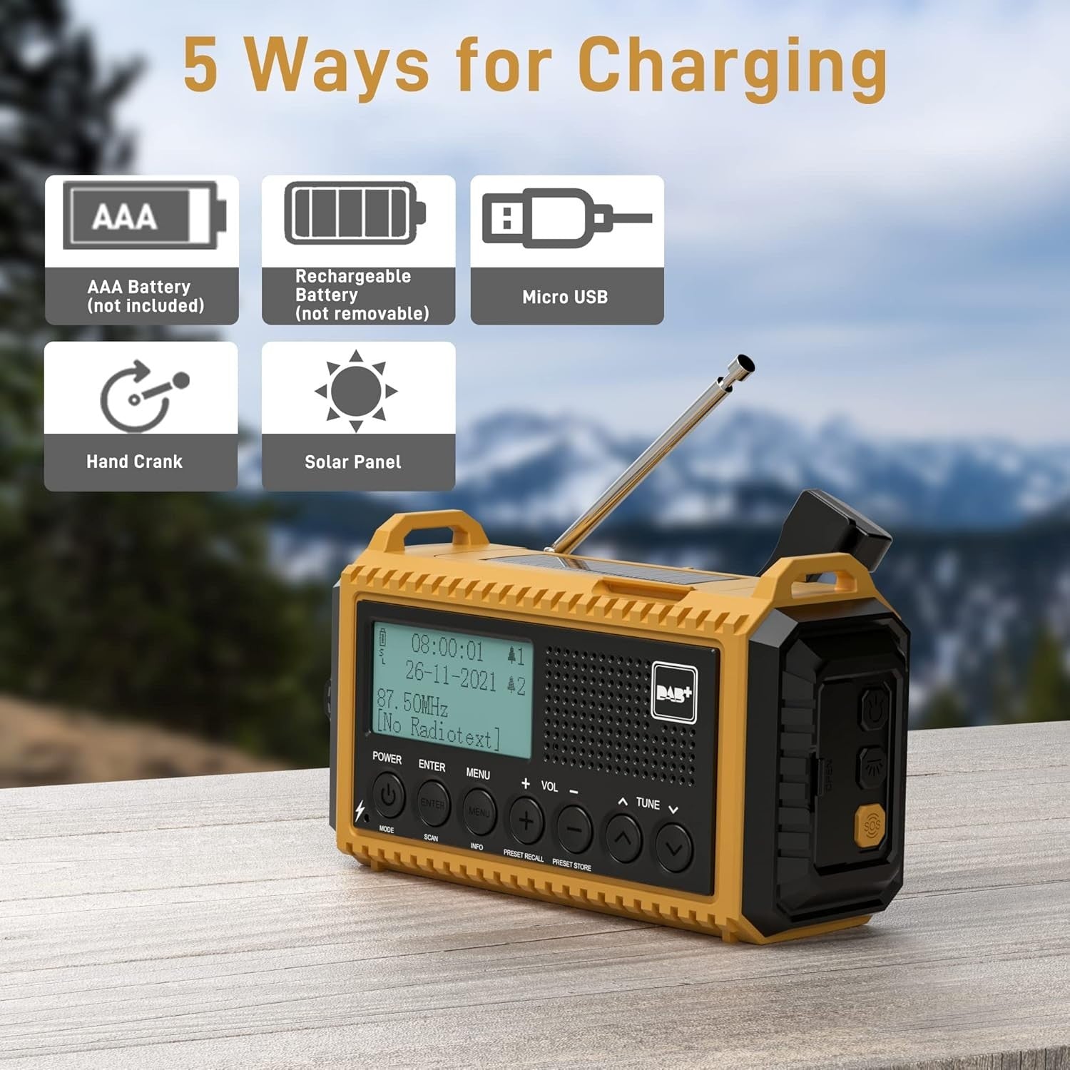 DAB+ Emergency Wind Up Radio Solar Hand Crank 5000mAh SOS