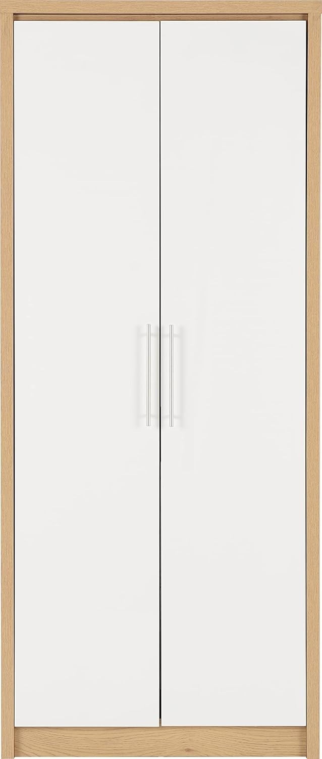 White Gloss & Light Oak 2 Door Wardrobe with Sliding Doors & Spacious Storage