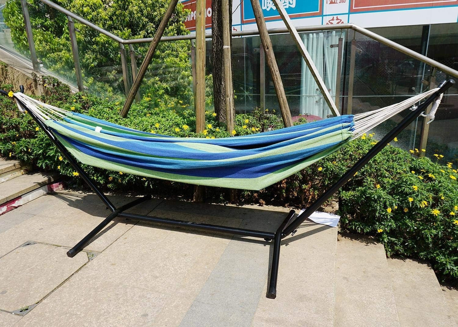 Outdoor Camping Hammock with Steel Stand Portable Cotton Swing Bed