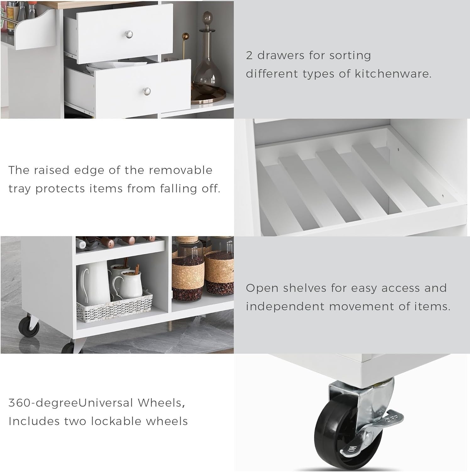 Rolling Kitchen Island Cart with Storage Drawers, Rubber Wood Top & Towel Rack