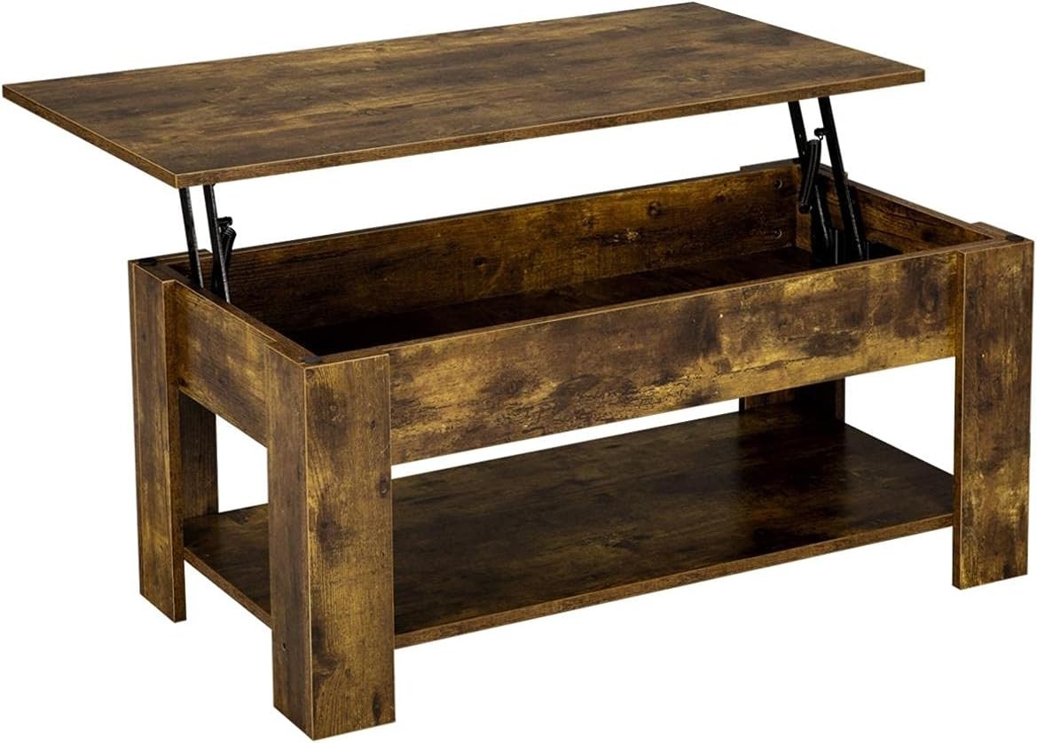 Lift Up Coffee Table with Storage Shelf – Rustic Brown, Hidden Compartment
