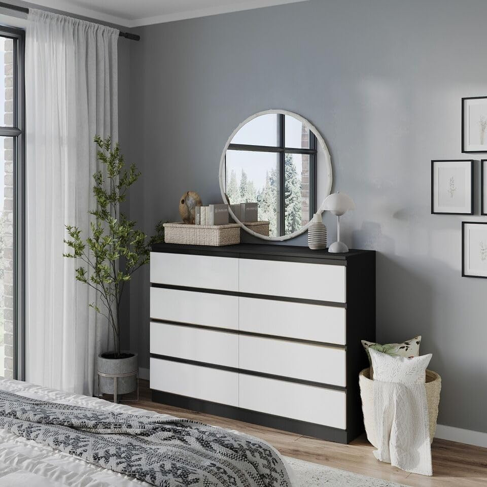 Black Chest of 8 Drawers White Front Modern Storage Unit for Bedroom Office