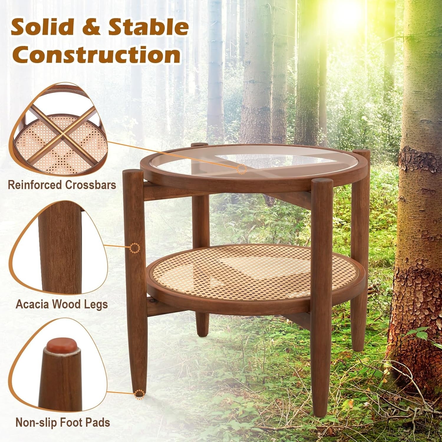 2-Tier Rattan Round Side Tables with Tempered Glass Top & Acacia Wood Legs (2PCS