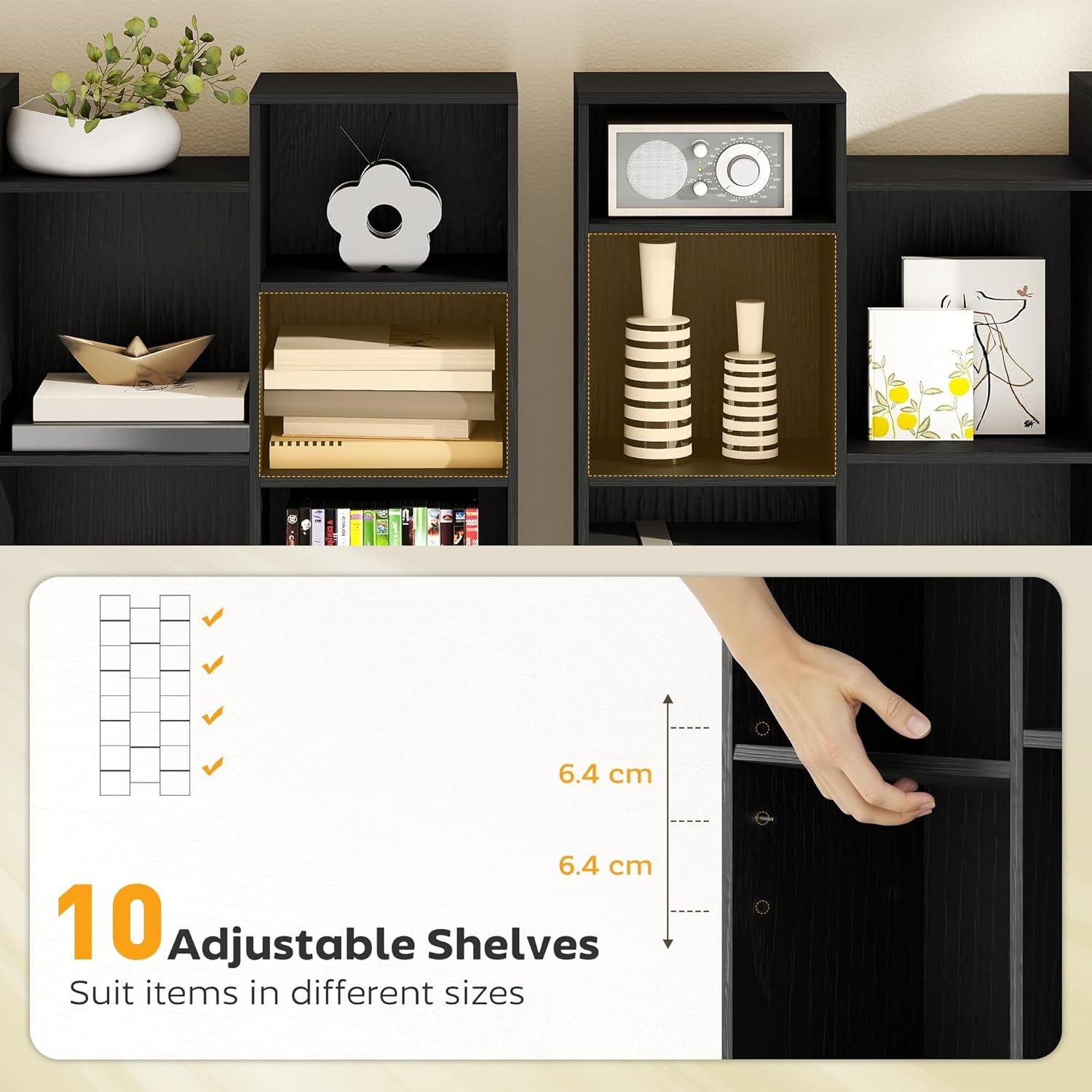 Tall 21-Cube Bookcase Black Adjustable Shelves Modern Storage Unit for Home Offi