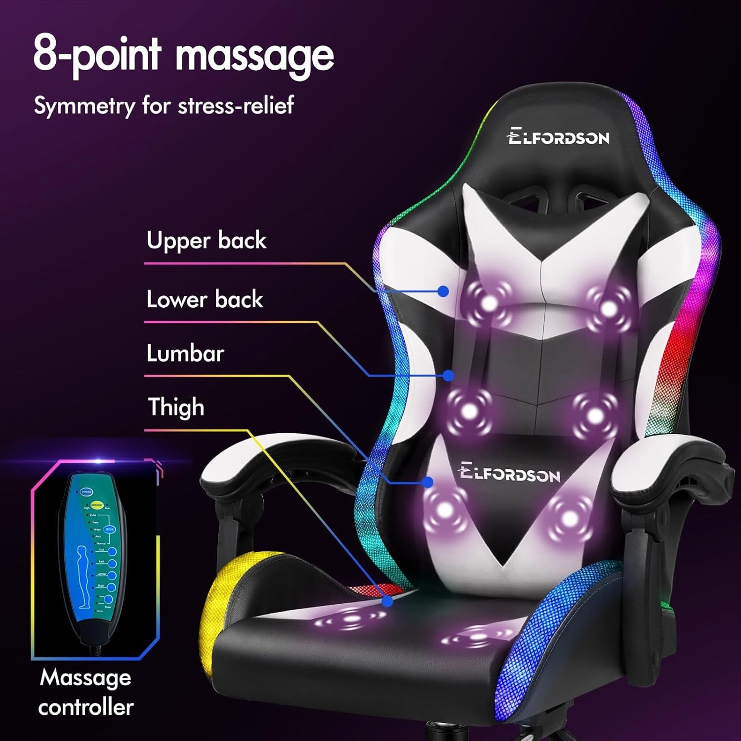White LED Gaming Chair RGB 8-Point Massage Recliner w/ Footrest