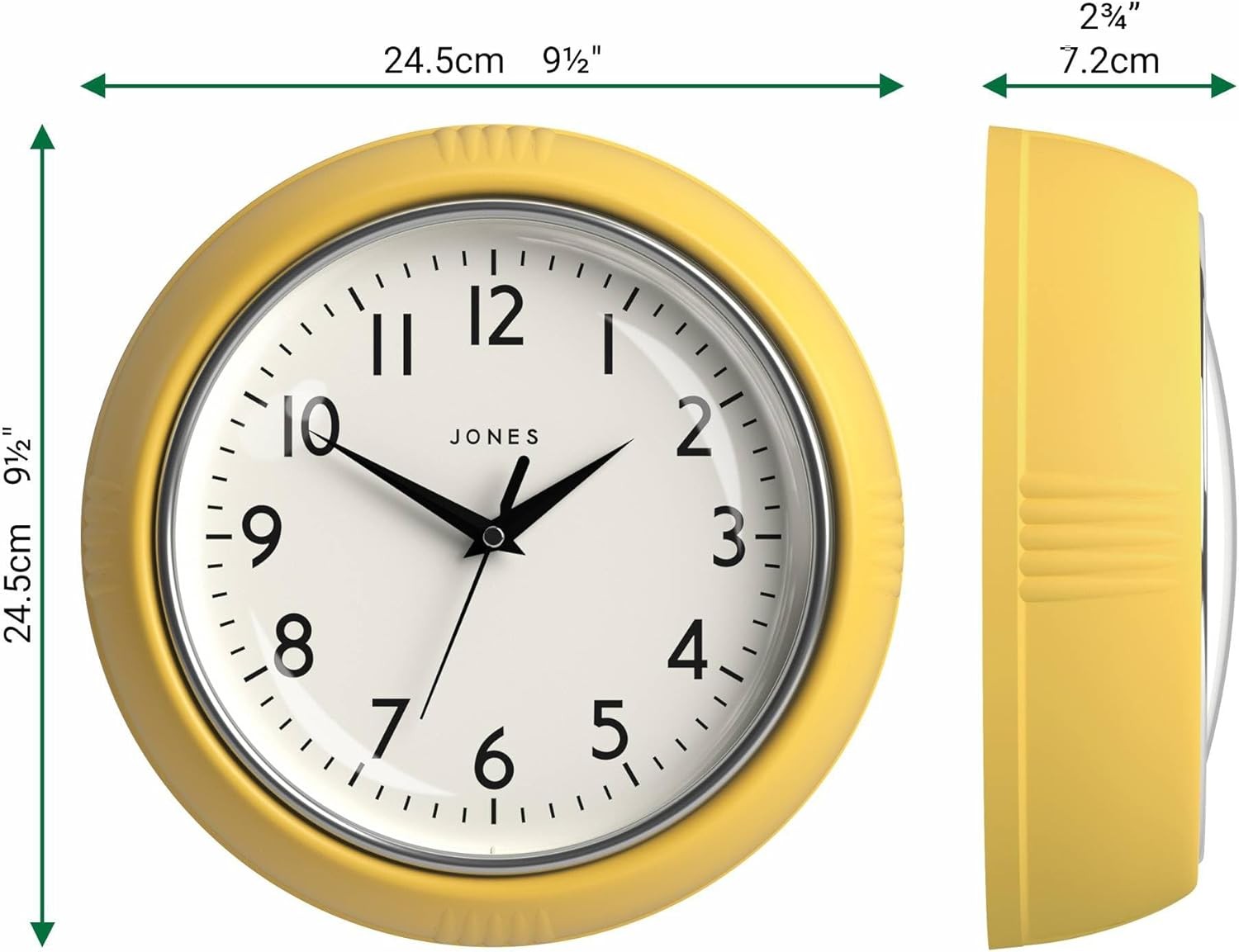 25cm Yellow Retro Wall Clock Silent Quartz | Easy Read Modern Kitchen Home Decor