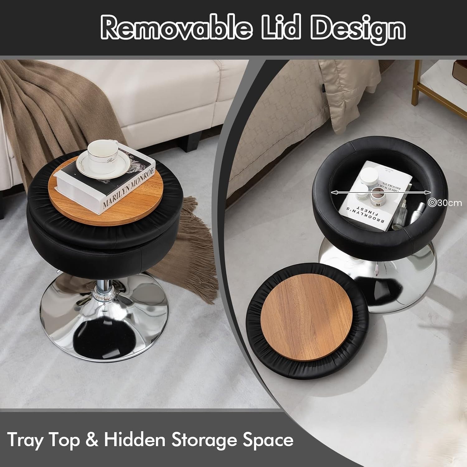 Black PU Leather Swivel Vanity Stool Adjustable w/ Storage & Tray Lid Round Seat