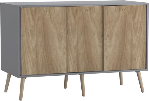 Modern Sideboard Cabinet Storage Unit Grey Oak 3 Door Sliding Pine Legs