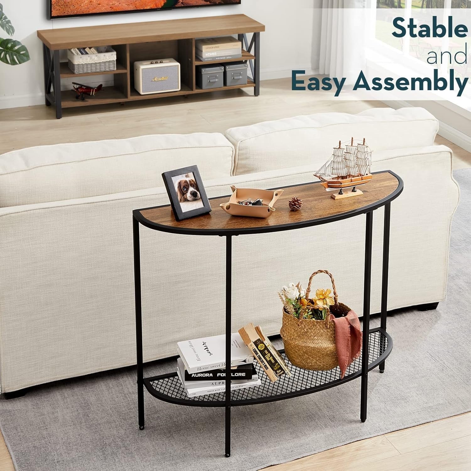 Narrow Half Moon Console Table Walnut Black, Slim 2-Tier Entryway Shelf