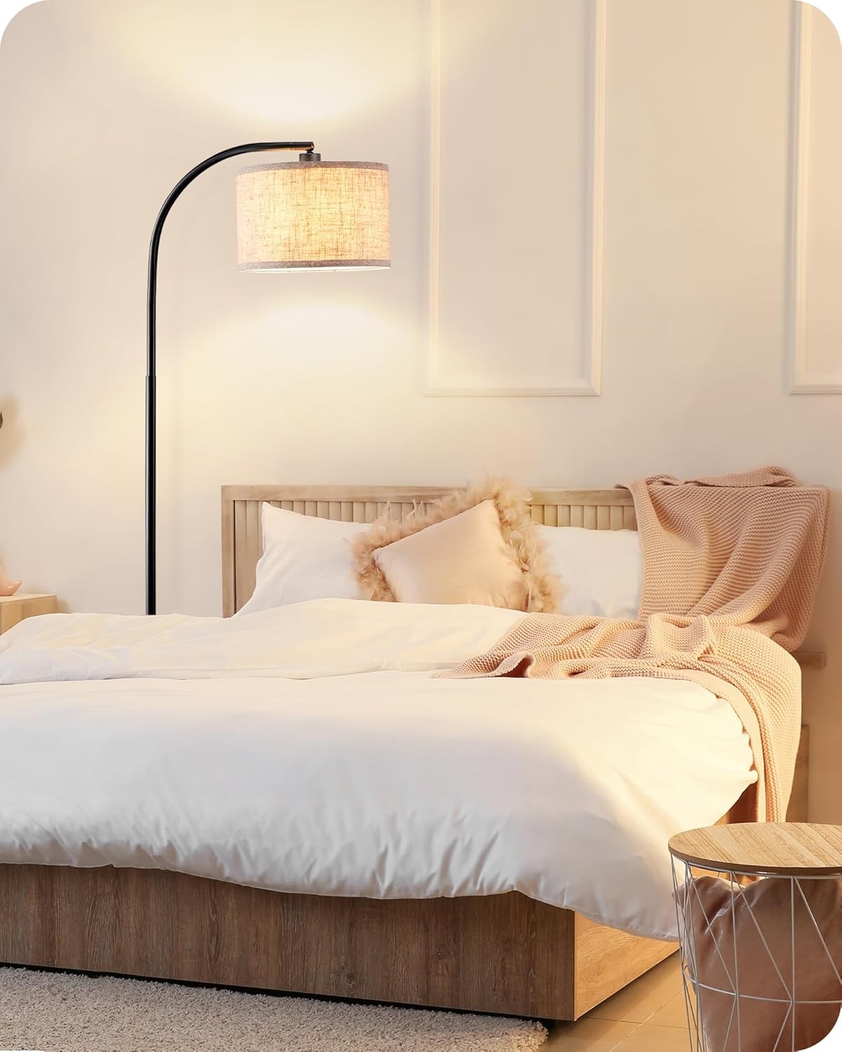 Modern Arc Floor Lamp Adjustable Linen Shade Black Standing Reading Light