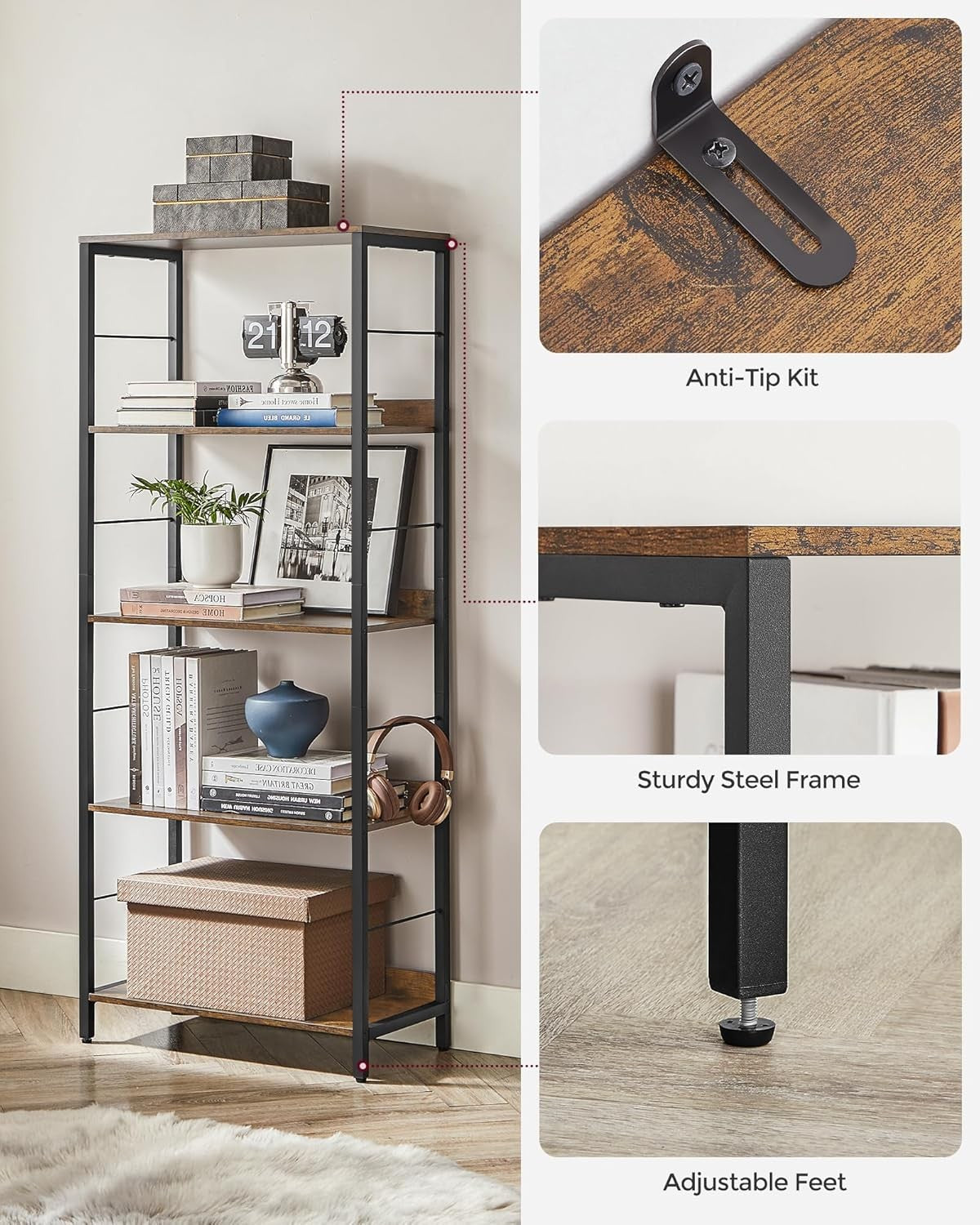 5-Tier Industrial Bookshelf Unit | Rustic Brown Storage Shelving for Home Office