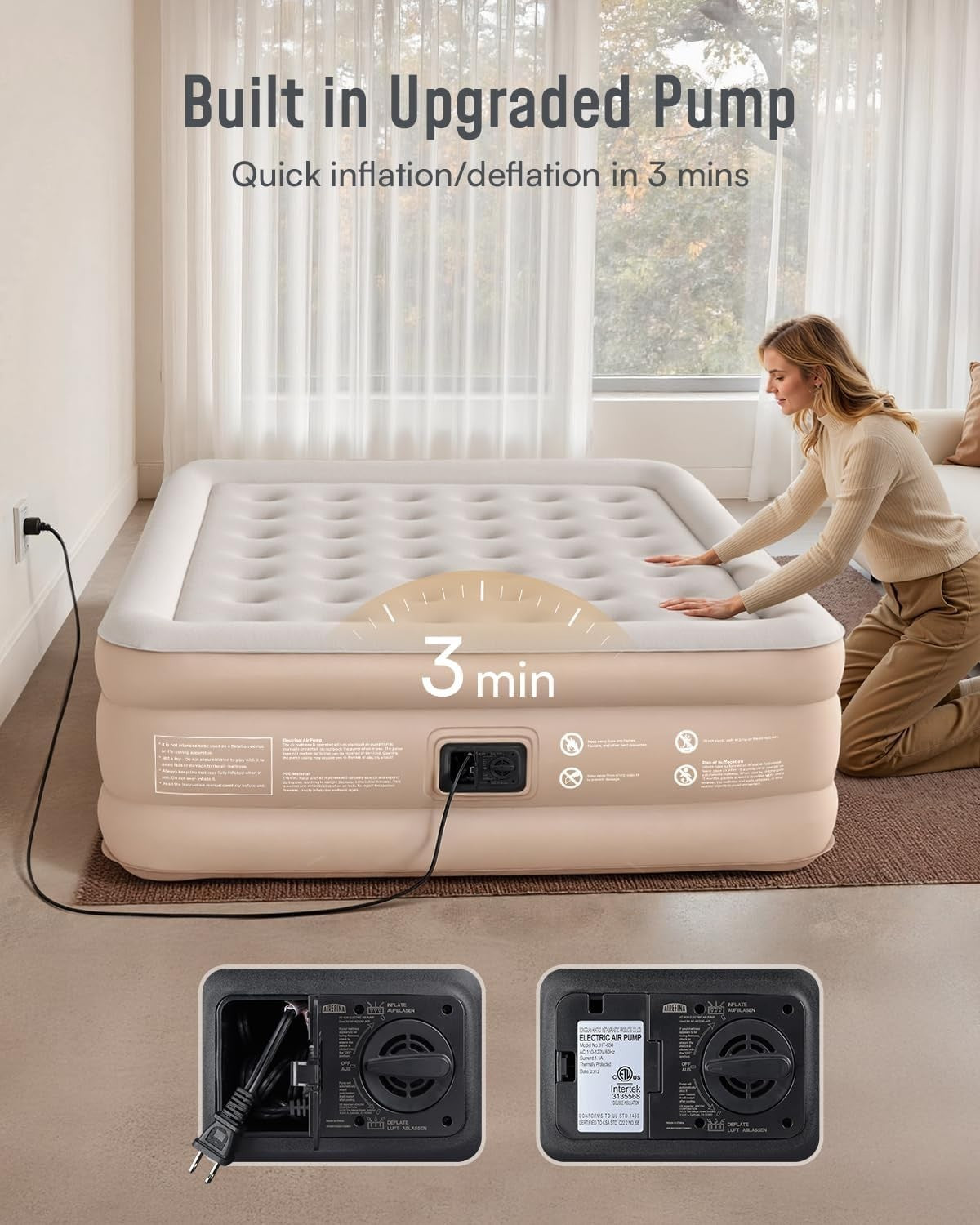 King Size Inflatable Air Mattress Built-In Electric Pump High Airbed 203x152x46