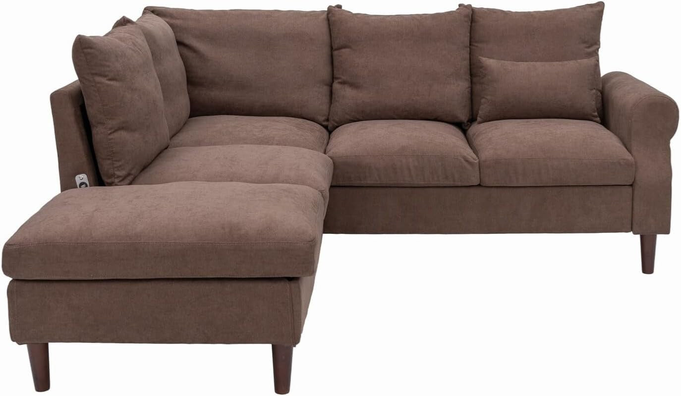 5 Seater Corner Sofa with Chaise & USB Port – Brown Linen, Space-Saving Sectiona