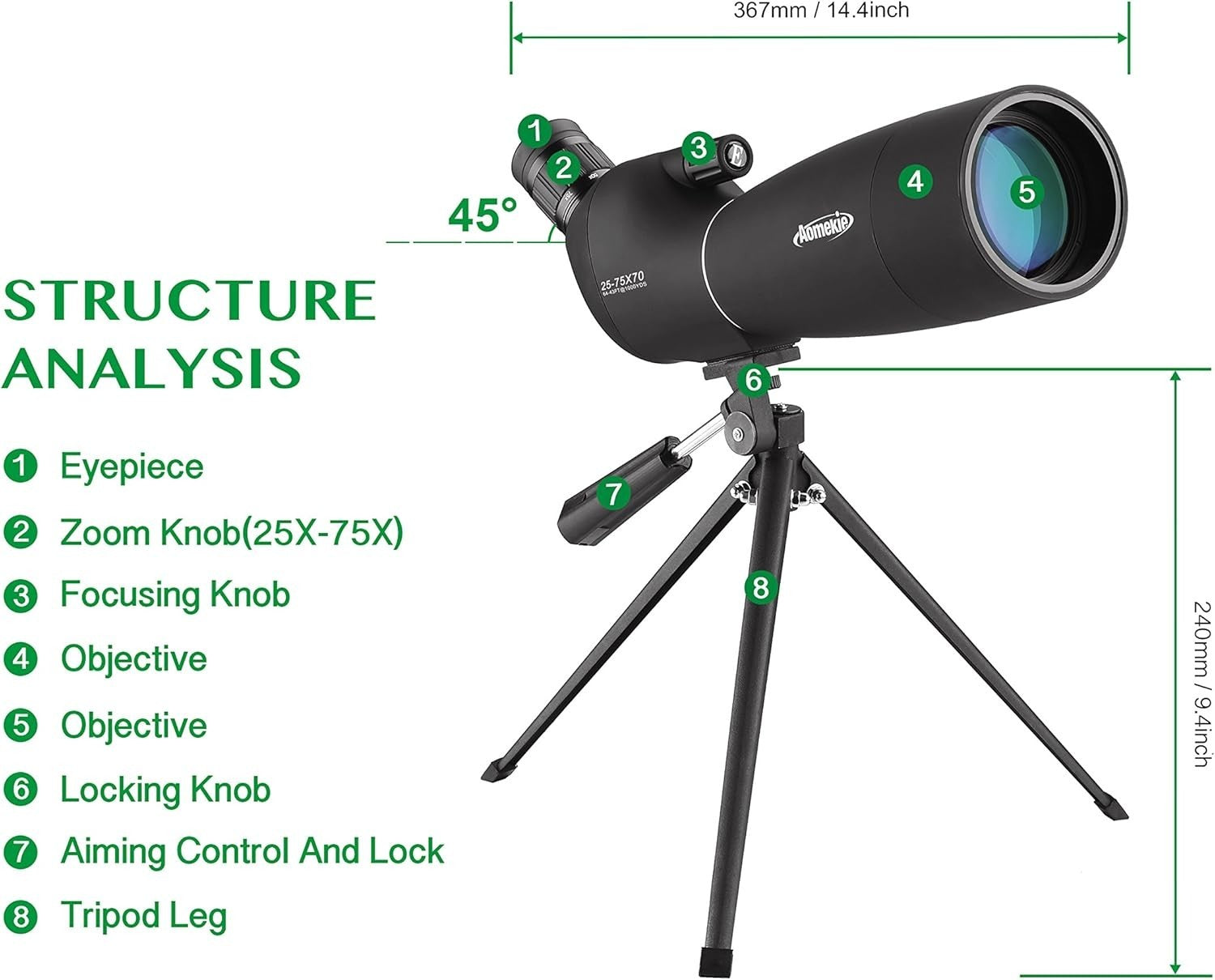 25-75X70 Spotting Scope with Tripod & Case for Birdwatching & Shooting