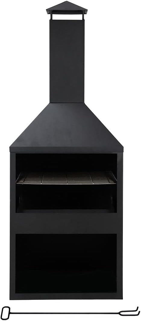Outdoor Steel Chiminea Patio Heater with Log Storage & BBQ Grill 118cm Black