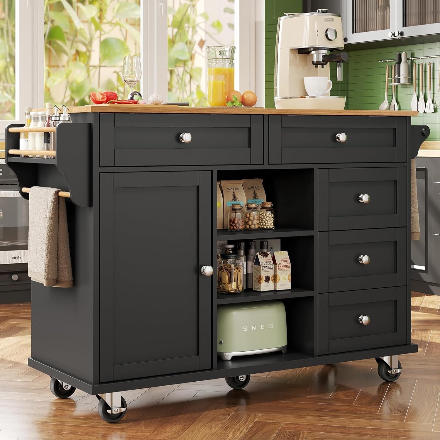 Rolling Kitchen Island Cart with Adjustable Storage & Mobile/Fix Design