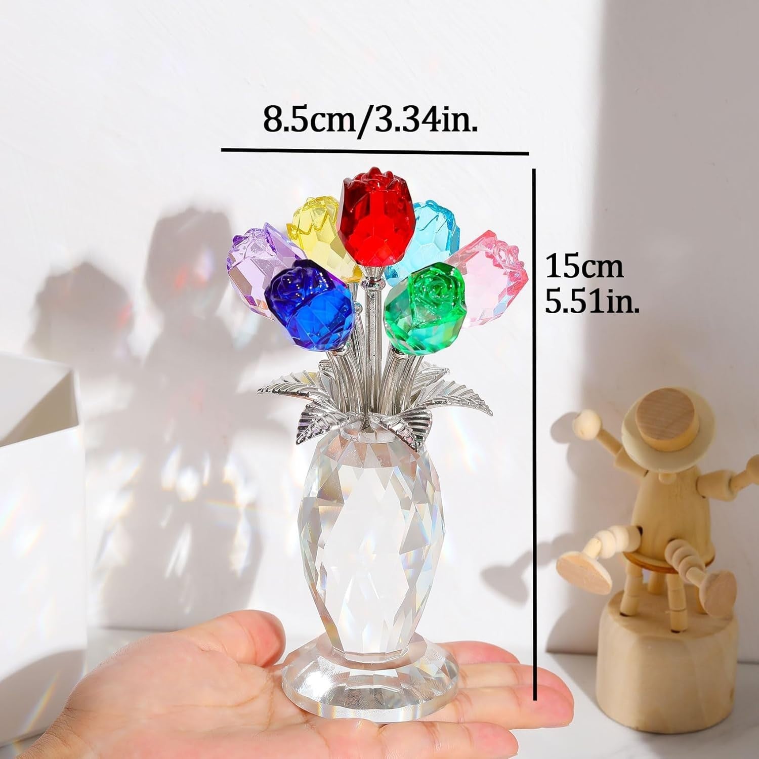 Multicolour Crystal Rose Bouquet Ornament Glass Flower Figurine Gift Decor