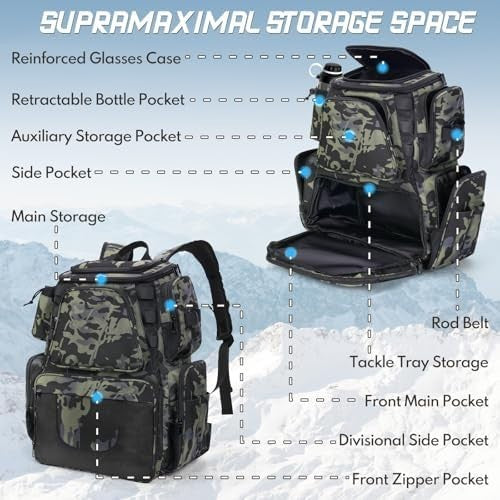 38L Fishing Tackle Backpack Waterproof with Rod Holder for Hiking & Travel