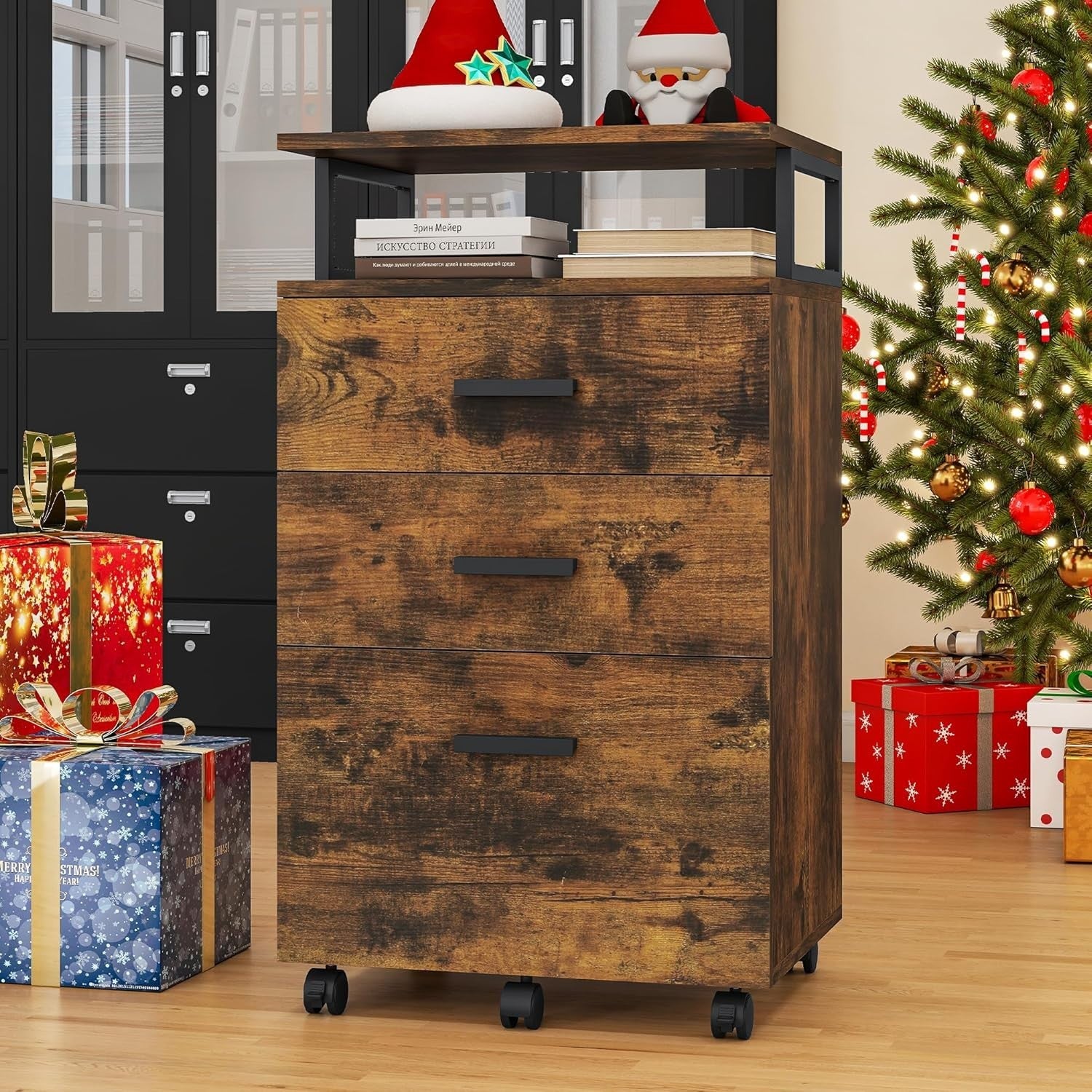 Rustic Mobile Filing Cabinet 3 Drawer Rolling Printer Stand Open Shelf