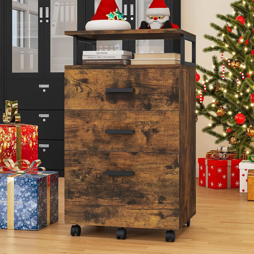 Rustic Mobile Filing Cabinet 3 Drawer Rolling Printer Stand Open Shelf