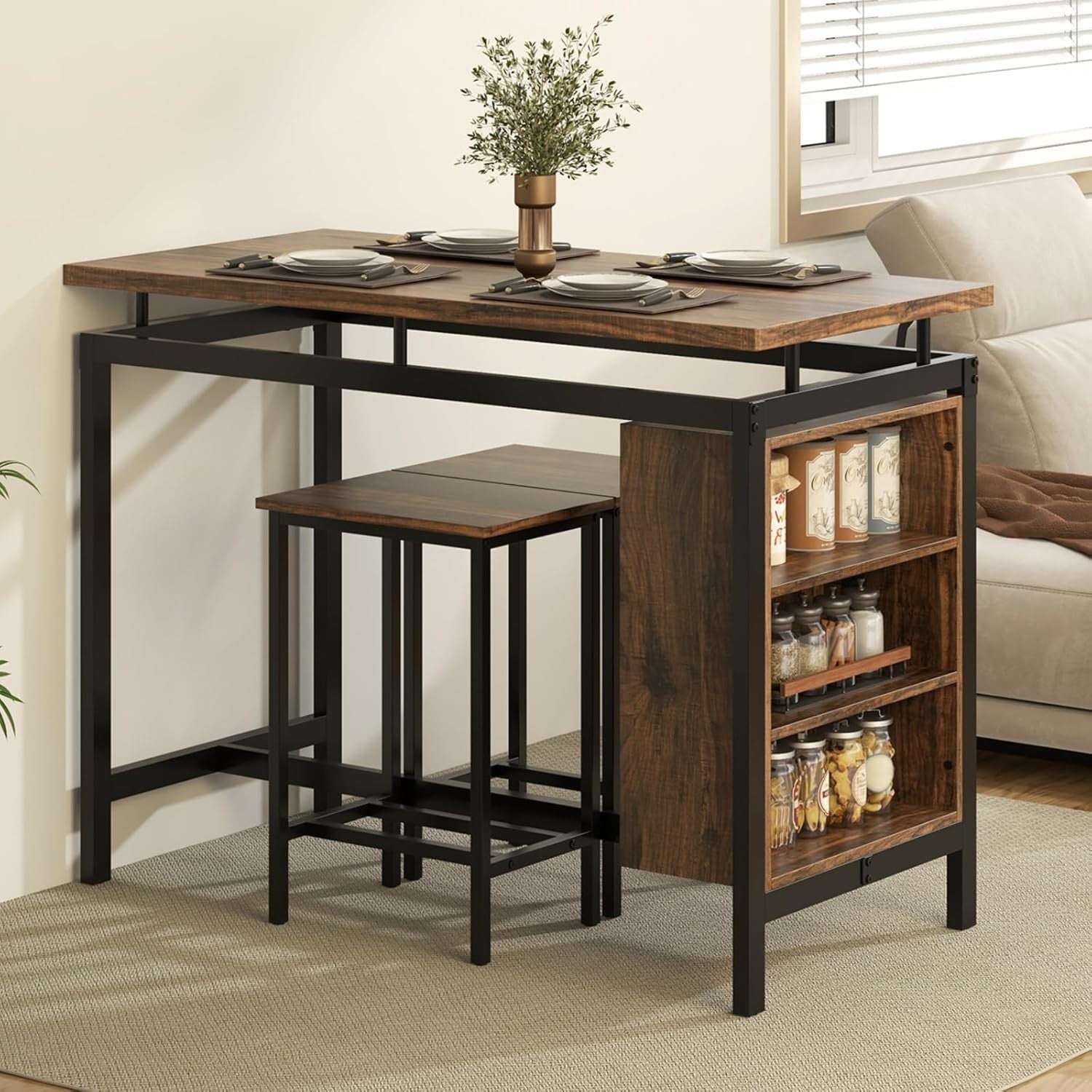 3 Piece Bar Table with Shelves & 2 Stools Space Saving Breakfast Dining Set Home