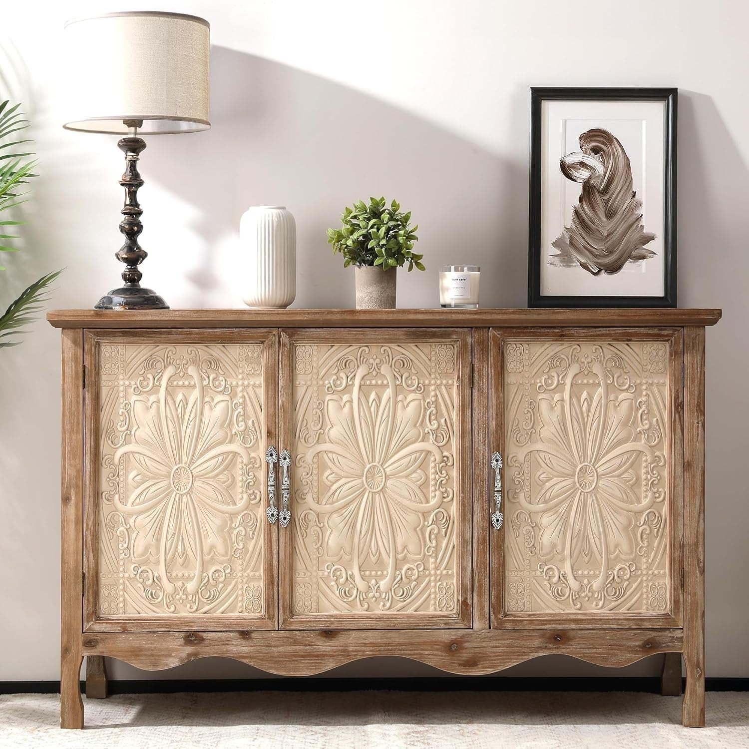 French Country Buffet Cabinet with 3 Doors Large Storage Natural Wood