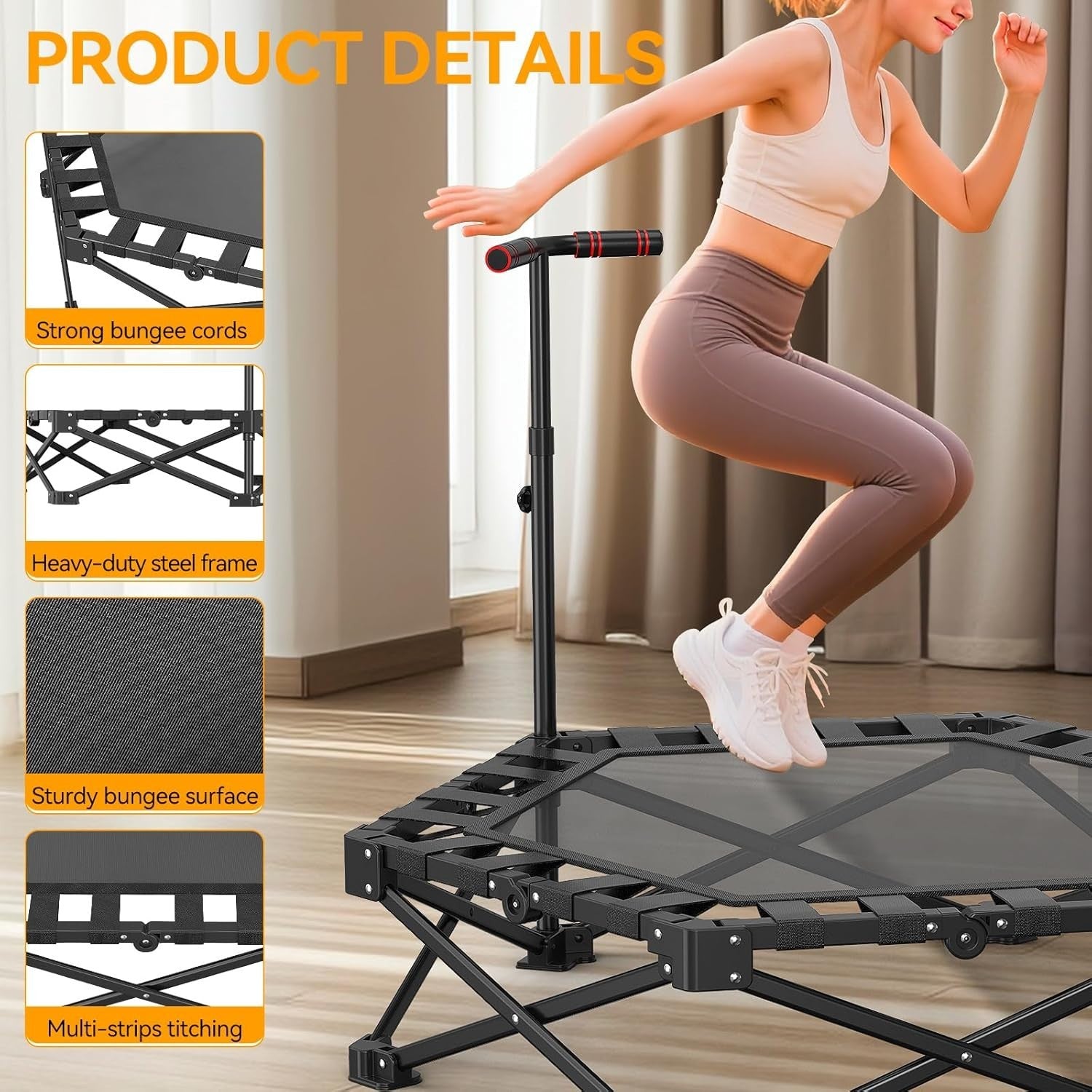42in Foldable Fitness Trampoline Rebounder Adjustable Handle 150KG