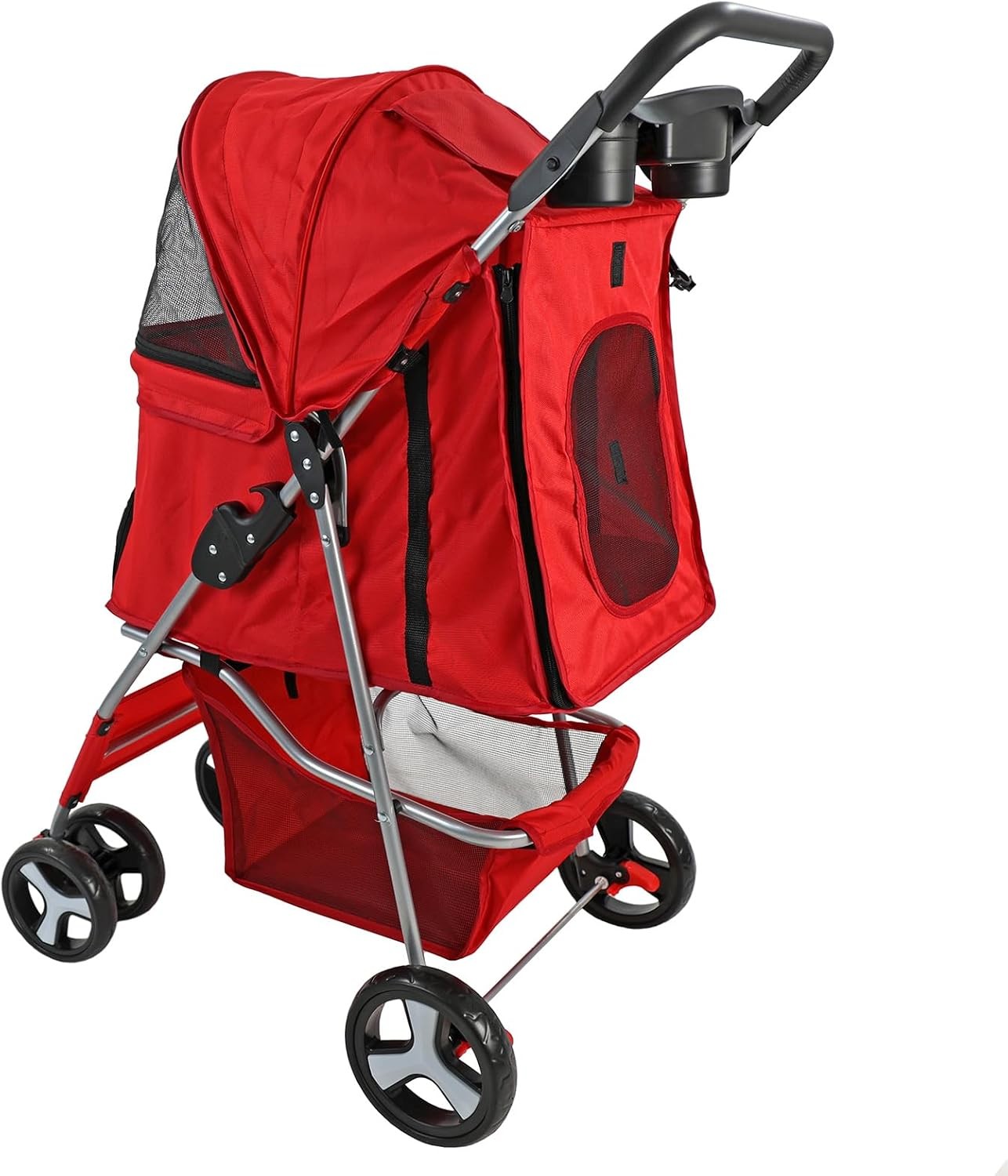 Pet Travel Stroller Dog Cat Pushchair Foldable Swivel Wheels 15kg + Rain Cover