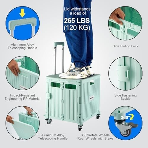 Heavy Duty Folding Trolley on Wheels Collapsible Utility Cart Lid Basket