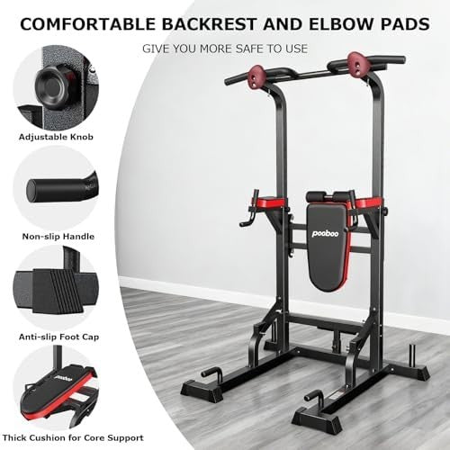 Black Power Tower Dip Station Pull-Up Bar with Supine Board Home Gym