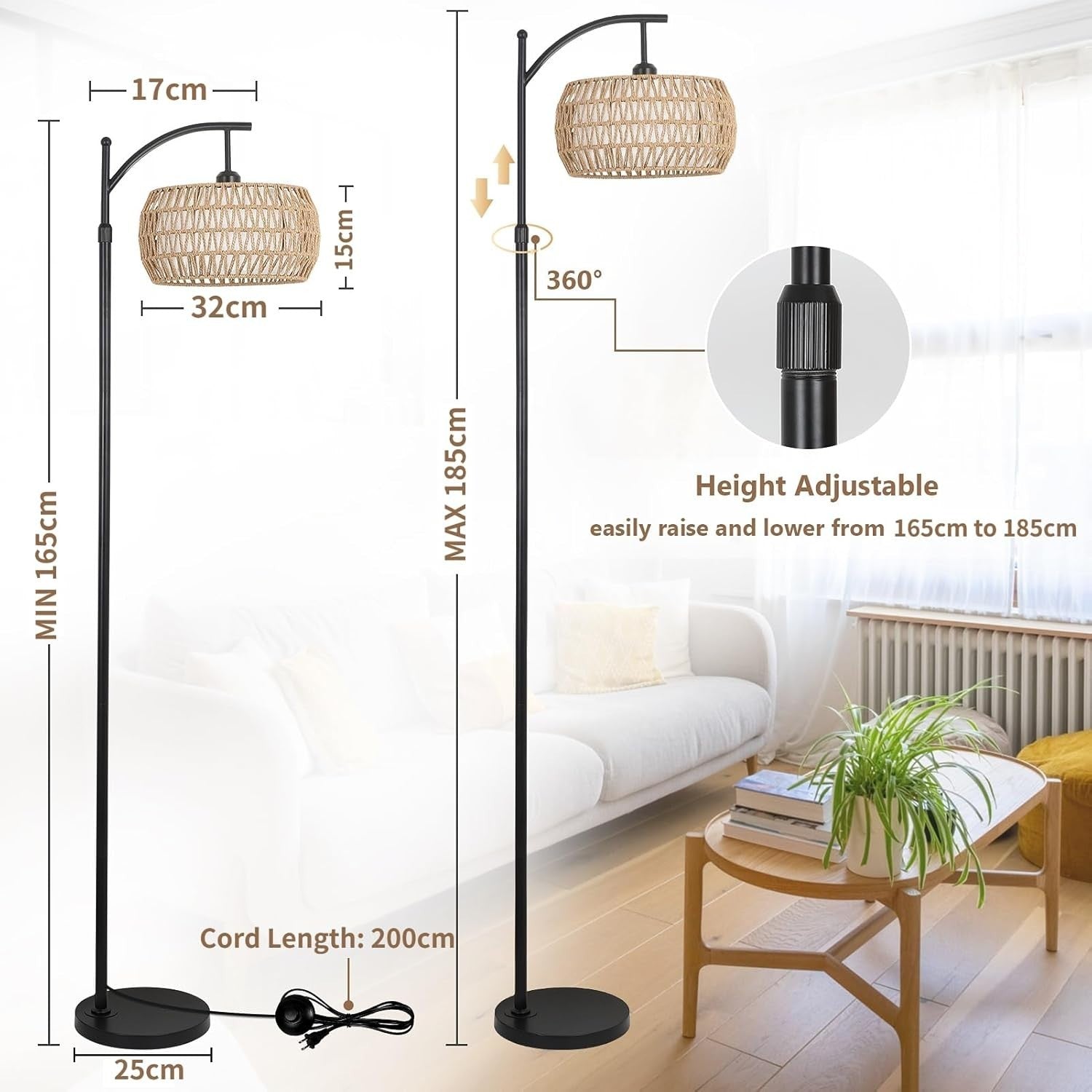 Adjustable Rattan Arc Floor Lamp with Remote, Dimmable LED Light for Living Room