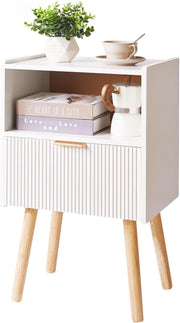 White Bedside Table with Drawer & Open Shelf – Modern 2-Tier Nightstand with Woo