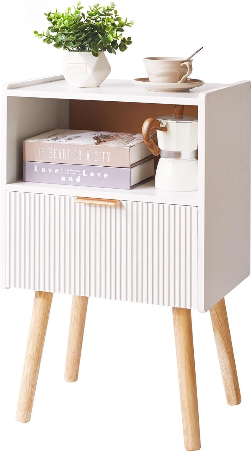 White Bedside Table with Drawer & Open Shelf – Modern 2-Tier Nightstand with Woo