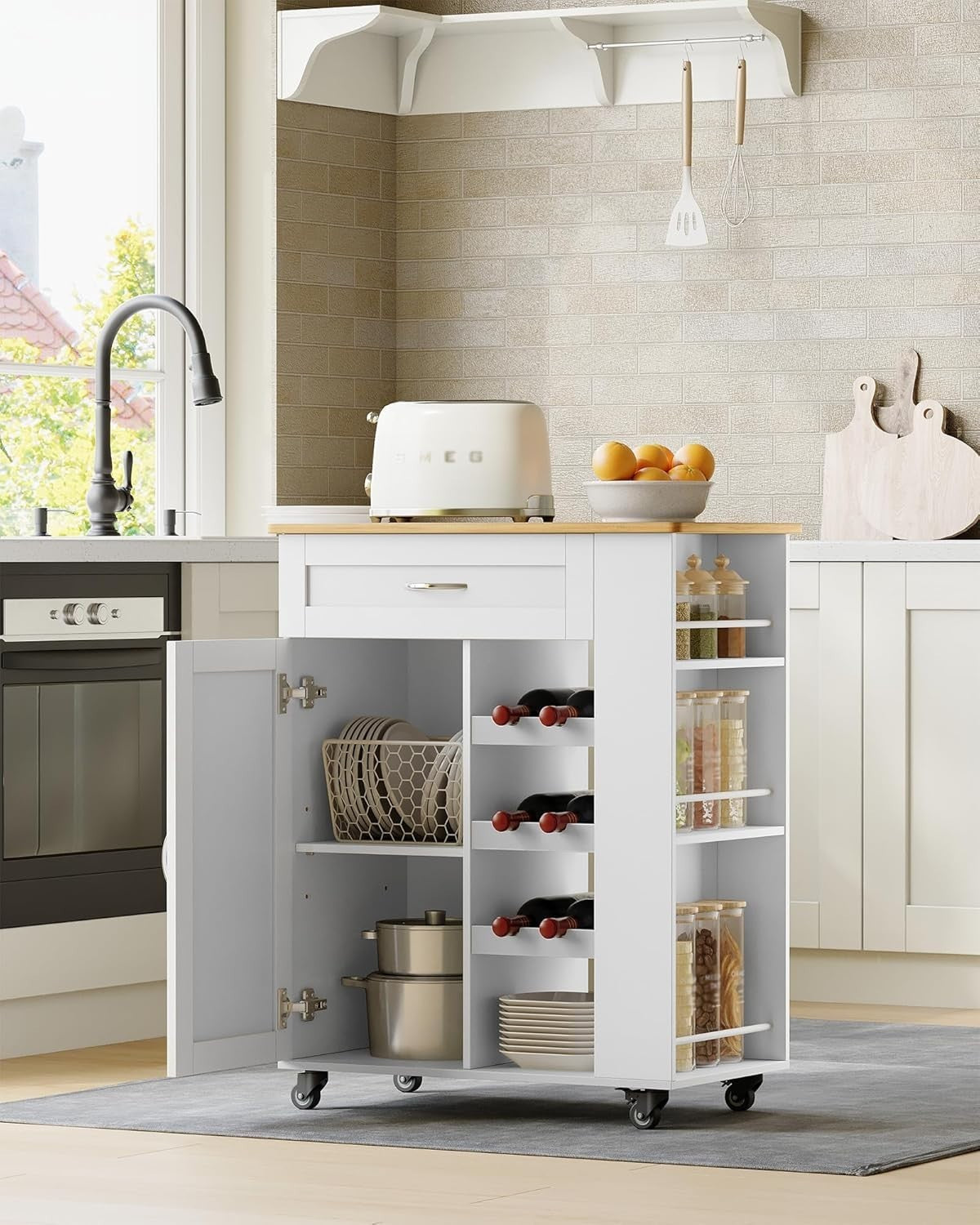 White Rolling Kitchen Island Cart Wine Rack Drawer Shelves