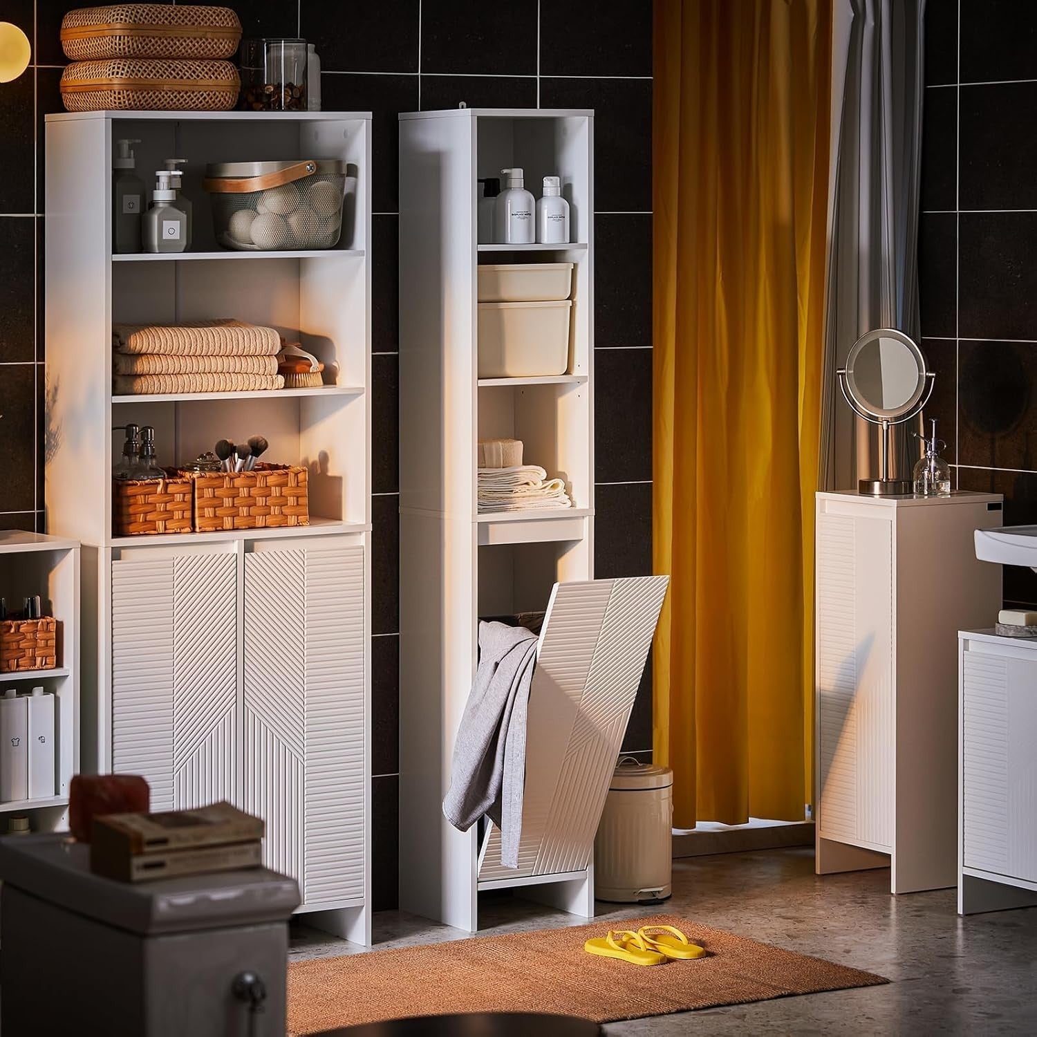 Tall Slim Bathroom Storage Cabinet with Laundry Hamper Adjustable Shelves White