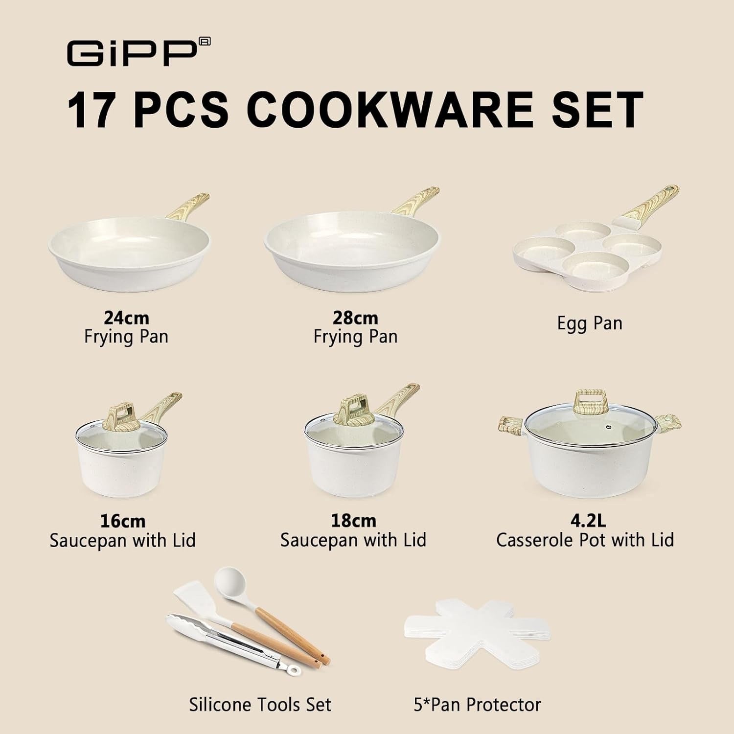 17pcs White Granite Non Stick Induction Safe Cookware Set Ceramic Pots Pans