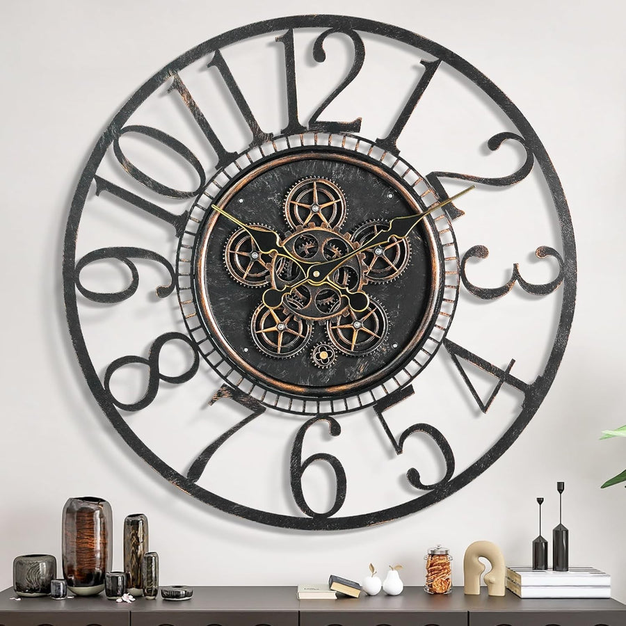 Large Moving Gear Wall Clock 30" Vintage Industrial Steampunk Home Decor