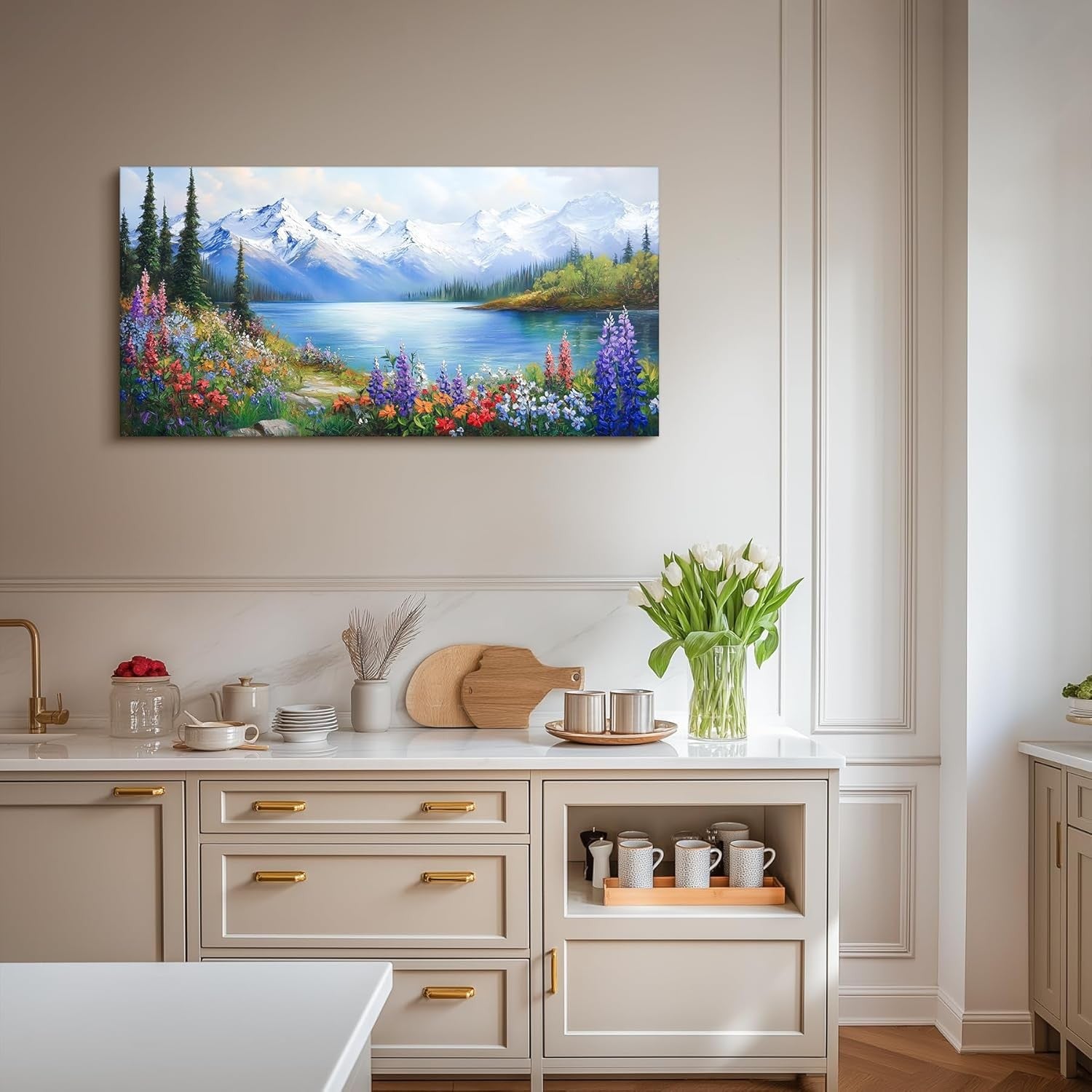 Large Landscape Canvas Wall Art Mountain Lake Floral Print XXL Modern Home Decor