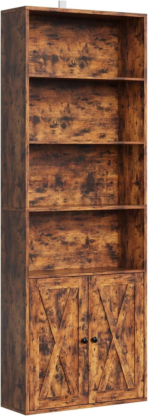 6 Tier Tall Retro Brown Bookcase with Doors Storage Display Shelf 60x23.5x180cm
