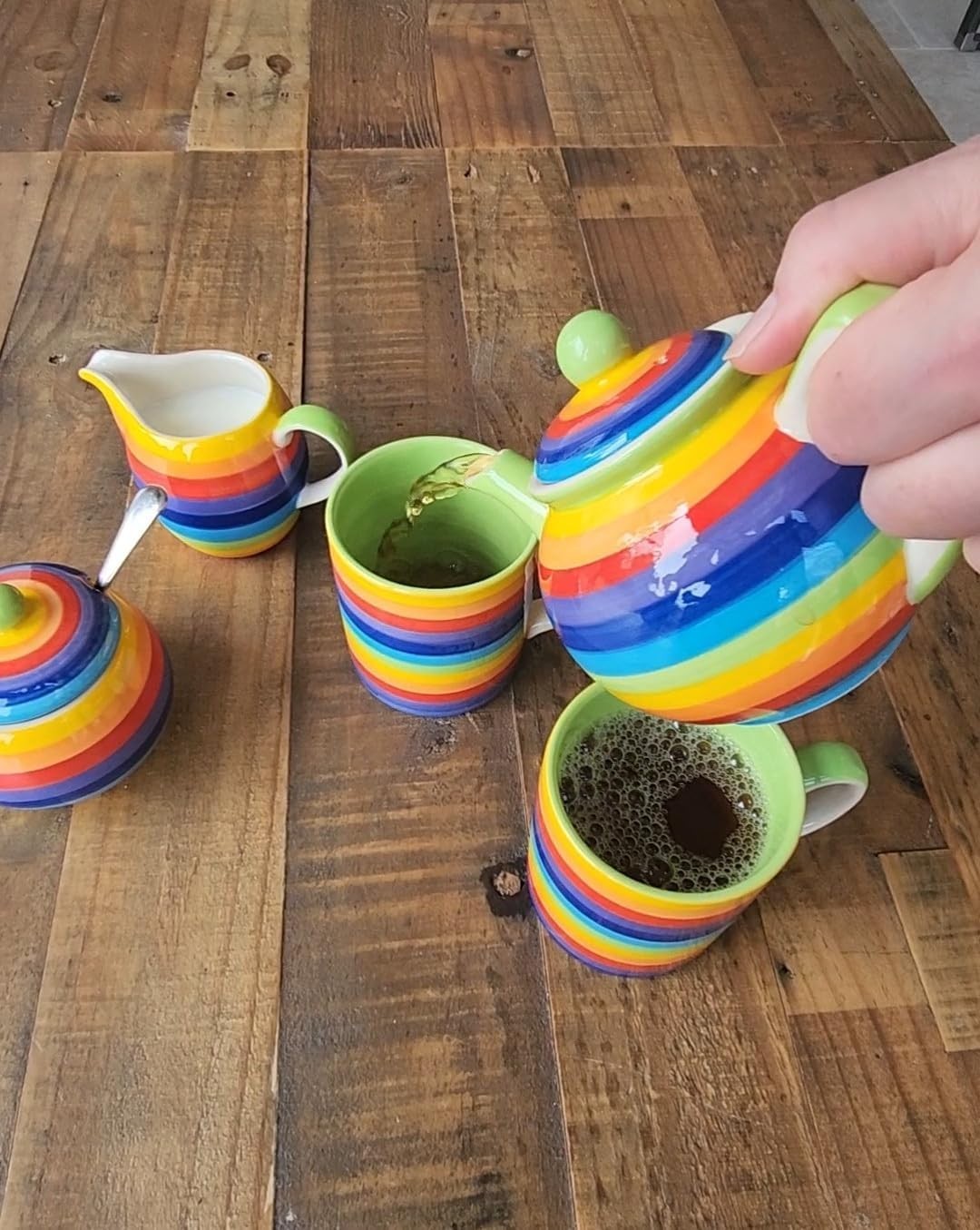 Hand Painted Rainbow Stripe Teapot 560ml Ceramic 1-2 Cup Tea Pot