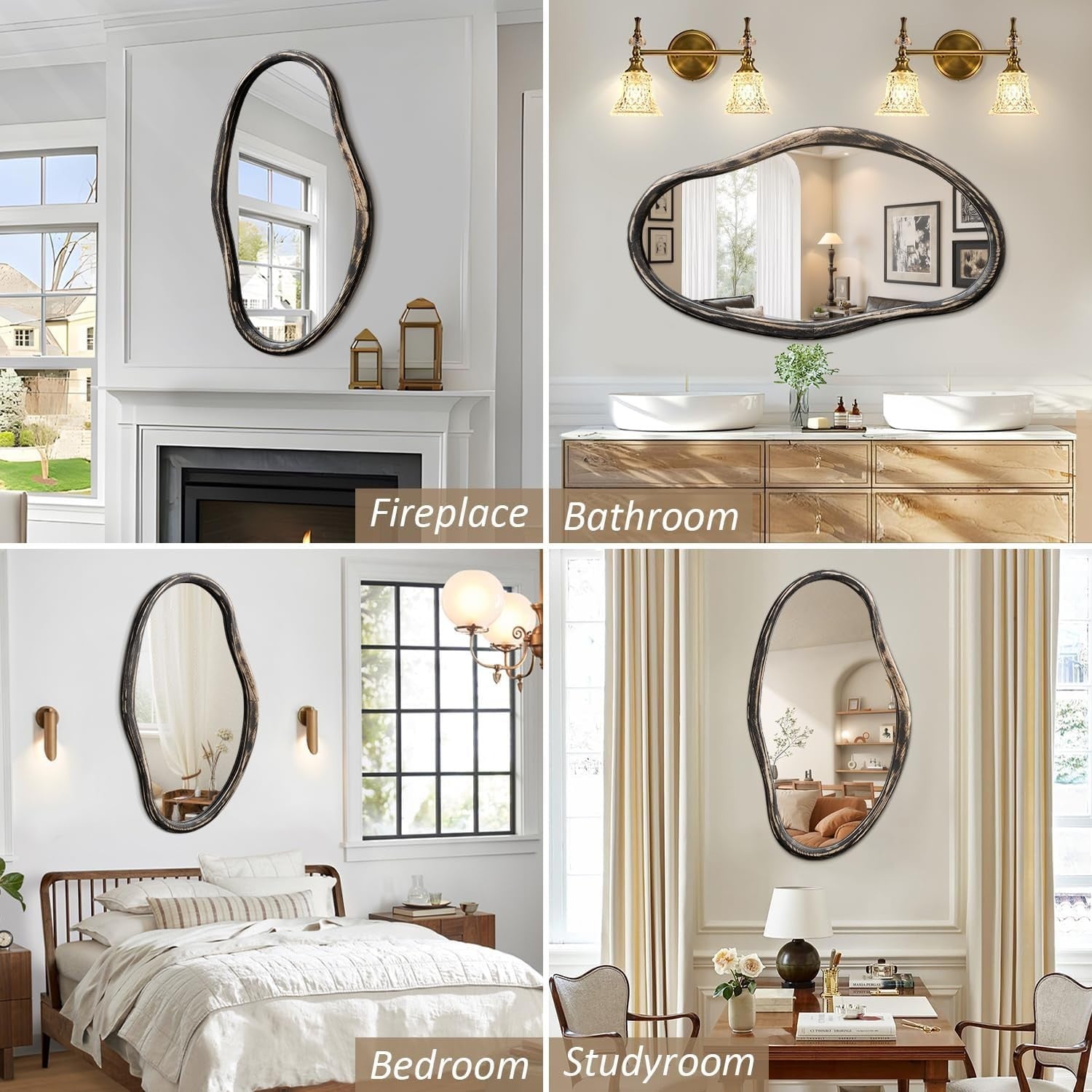 Rustic Black Wall Mirror 85x55cm Irregular Shape for Bathroom Hallway