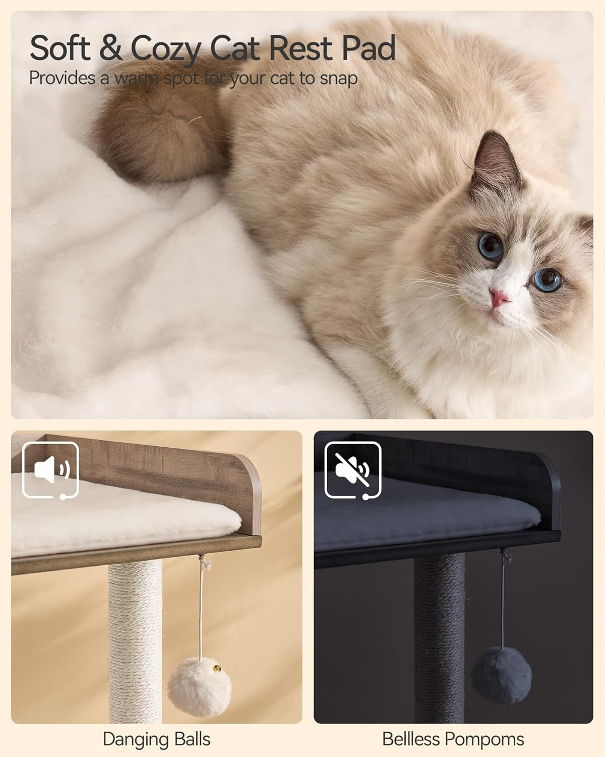 Large Wooden Cat Tree Tower Greige 111cm Multi-Level Perches Scratching Post