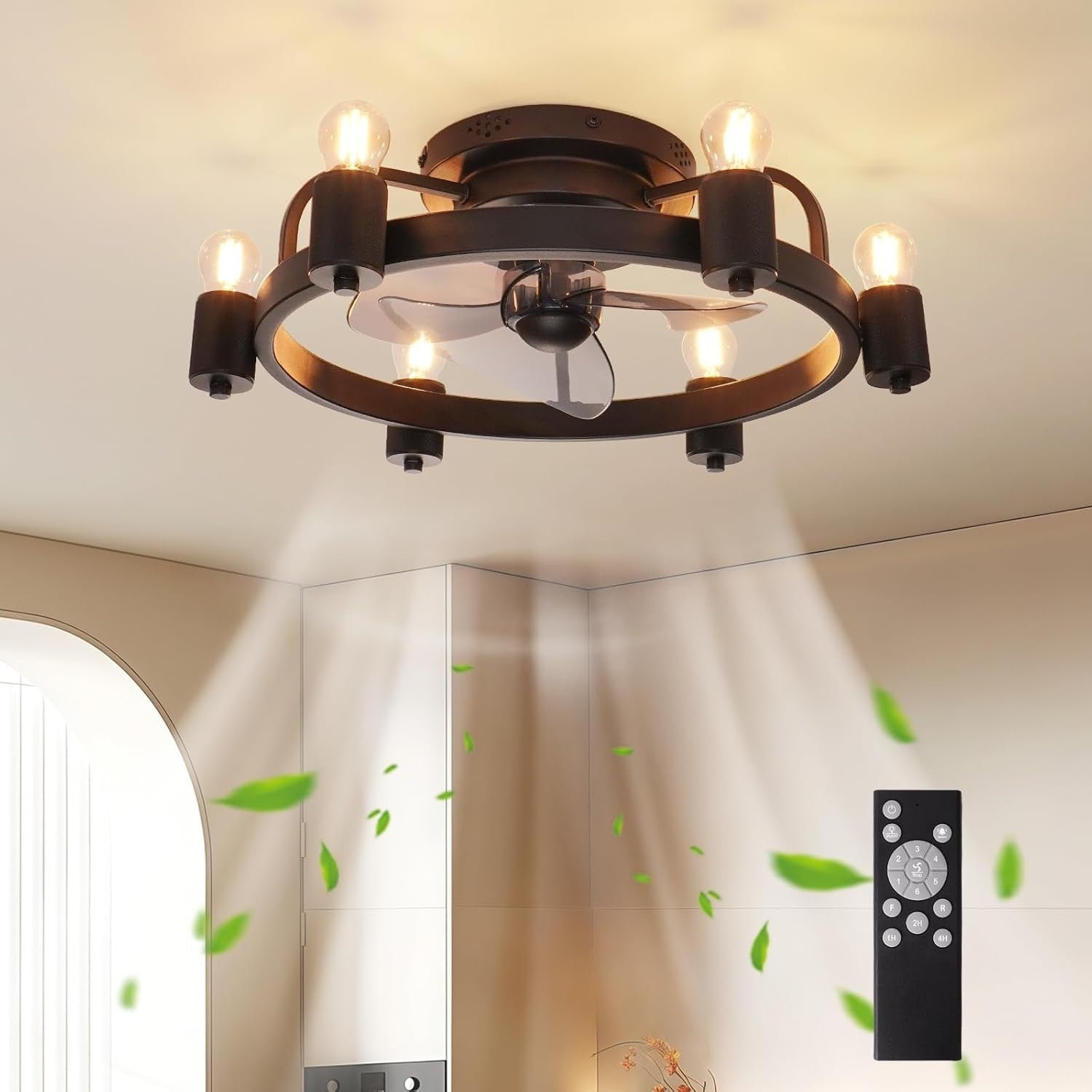 ZHXINASHU Retro Ceiling Fan with Light & Remote, 3-Blade, Black, E27