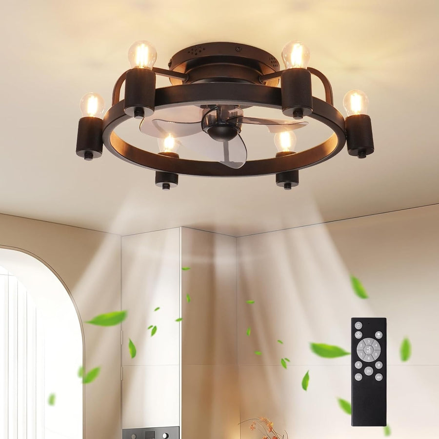 ZHXINASHU Retro Ceiling Fan with Light & Remote, 3-Blade, Black, E27